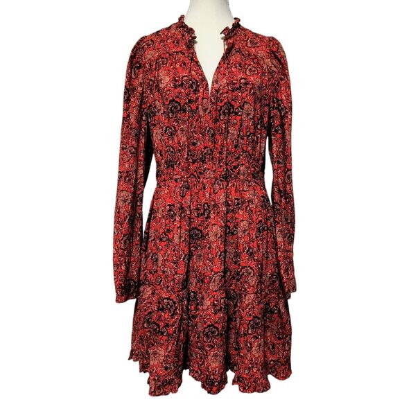 Ulla Johnson Liv Dress Poppy Floral Red Size 10 Mini Peasant Tiered Long Sleeve